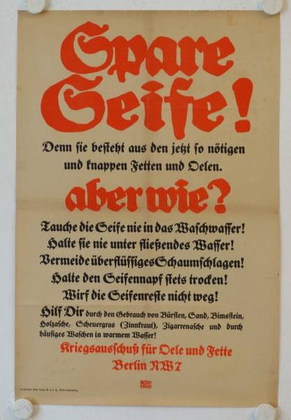 Spare Seife! originales deutsches 1. Weltkrieg Plakat